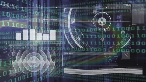 Animation of data processing, graphs and binary code over digital screen Video stock 329222821