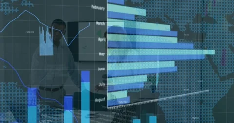 Animation of data processing with graphs and world map over diverse business Stock Footage 329698346