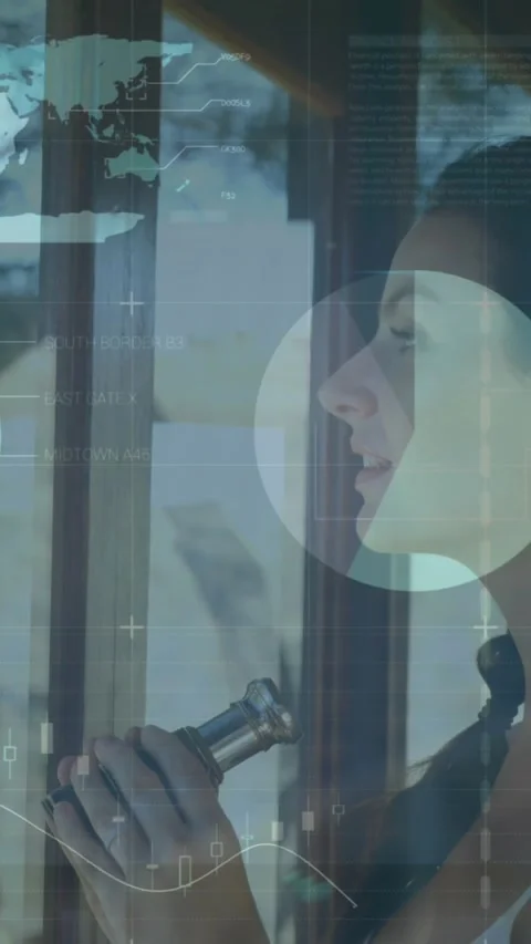 Animation of data processing on graphs and charts over happy caucasian woman Stock Footage 344693797