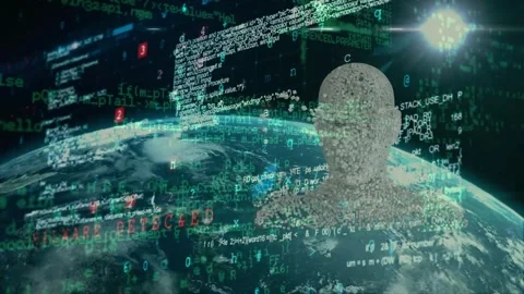 Animation of data processing, human head model and globe on black background Stock Footage 329925760