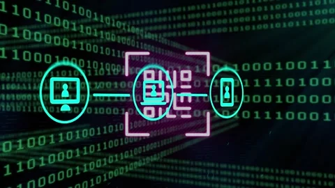 Animation of data processing with icons and qr code over binary coding Stock Footage 327447103