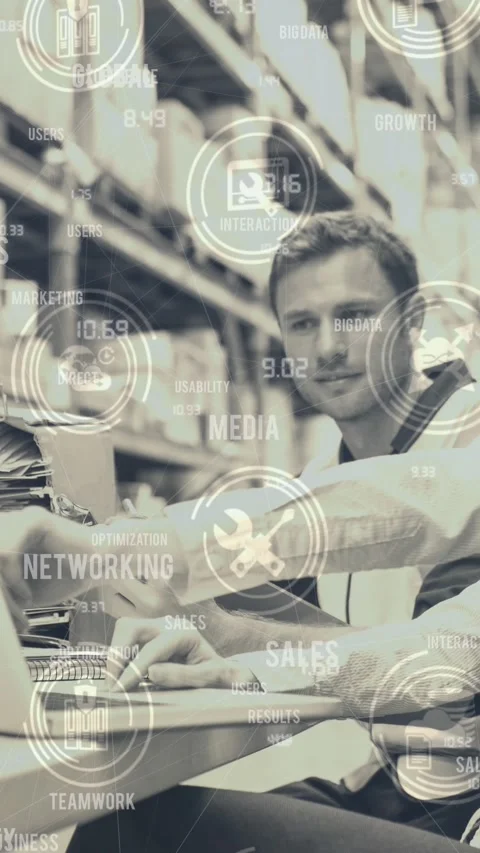 Animation of data processing with icons man and woman using laptop in warehouse Stock Footage 342706990
