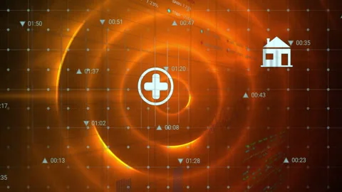 Animation of data processing with icons over orange circles on black background Stock Footage 310681316