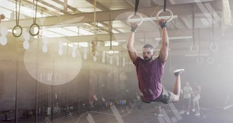 Animation of data processing on interface over man cross training using gym Stock Footage 328970098
