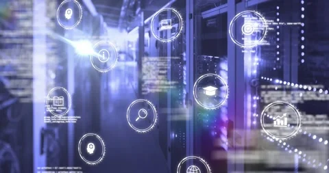 Animation of data processing, light spot and multiple digital icons falling Stock Footage 330256042