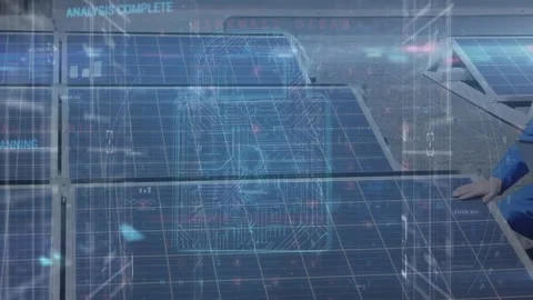 Animation of data processing, lock icon over caucasian engineer working at solar Stock Footage 327901538