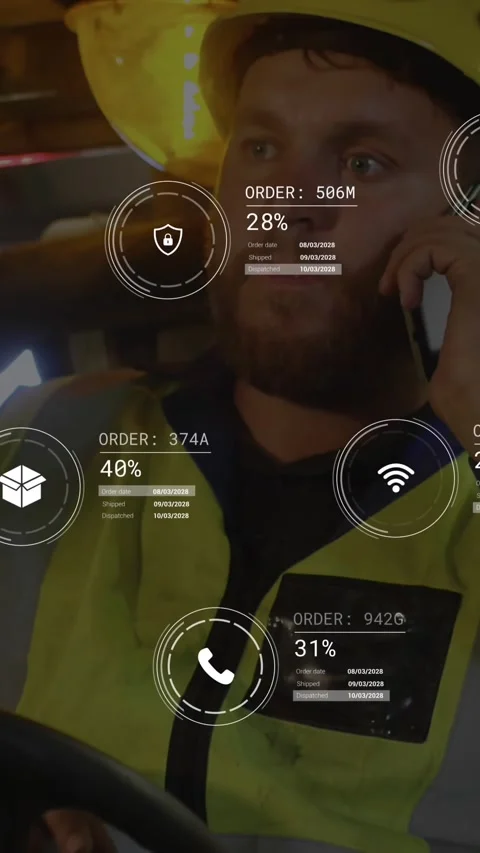 Animation of data processing on male worker talking on smartphone in forklift at Stock Footage 344766229