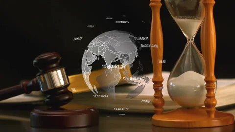 Animation of data processing map and globe over hourglass and gavel Stock Footage 263915374