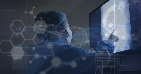 Animation of data processing with molecules and brains over african american Stock Footage 309077780