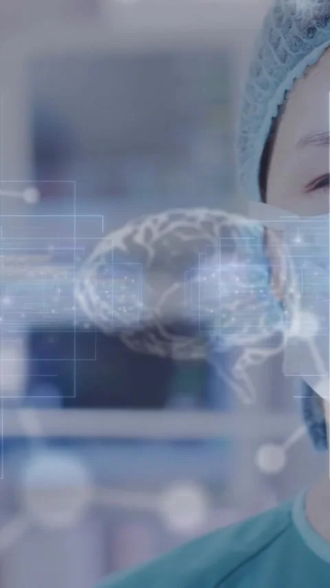 Animation of data processing with molecules and brains over asian female surgeon Stock Footage 320280107