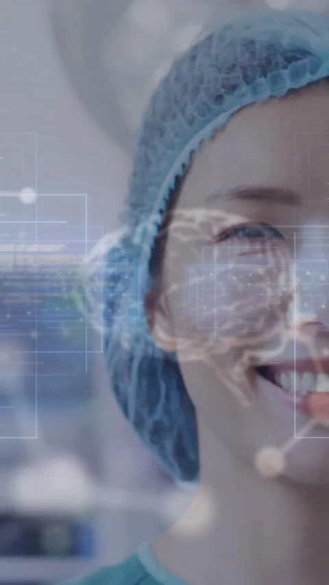 Animation of data processing with molecules and brains over asian female surgeon Video stock 320280113