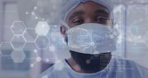 Animation of data processing with molecules and brains over african american Stock Footage 330172711