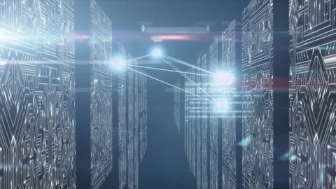 Animation of data processing network of connections over computer servers Stock Footage 330473655