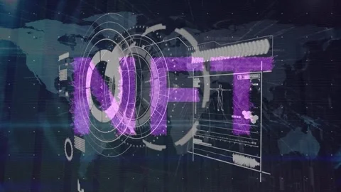 Animation of data processing with nft text over world map and scope scanning Stock Footage 328979884