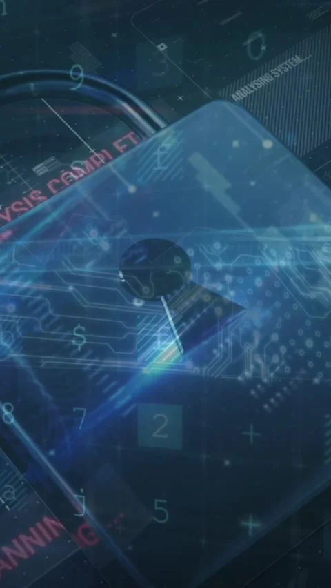 Animation of data processing, online security padlock and circuit board Stock Footage 343919227