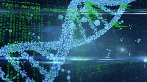 Animation of data processing over 3d dna strand spinning Stock Footage 316668210