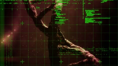 Animation of data processing over 3d dna strand spinning Stock Footage 325699424