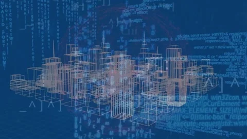 Animation of data processing over 3d city model spinning against blue background Stock Footage 325964661