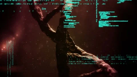 Animation of data processing over 3d dna strand spinning Stock Footage 327002512