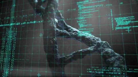 Animation of data processing over 3d dna strand spinning Stock Footage 327278726