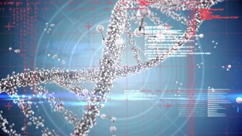 Animation of data processing over 3d dna strand spinning Stock Footage 327444036