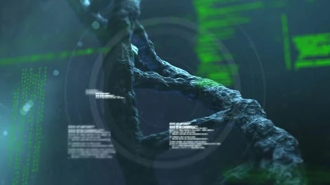 Animation of data processing over 3d dna strand spinning Stock Footage 327582626