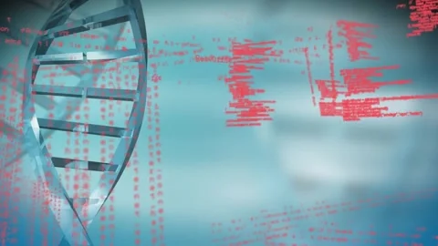Animation of data processing over 3d dna strand spinning Stock Footage 327582635