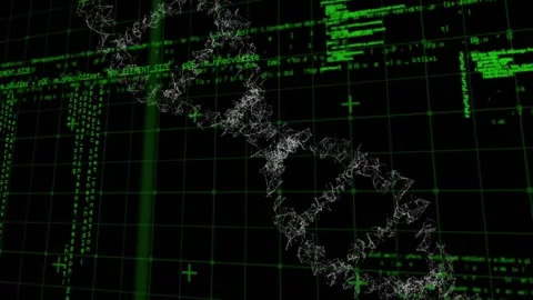 Animation of data processing over 3d dna strand spinning Stock Footage 327848330