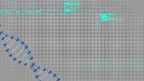 Animation of data processing over 3d dna strand spinning Stock Footage 328086632
