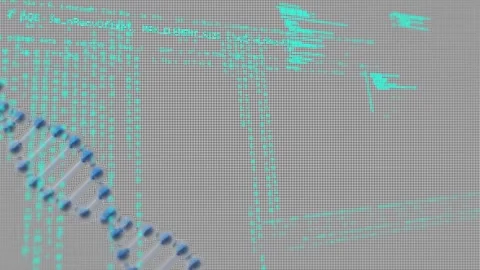 Animation of data processing over 3d dna strand spinning Stock Footage 328976721