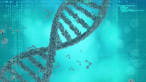 Animation of data processing over 3d dna strand spinning Stock Footage 329030191