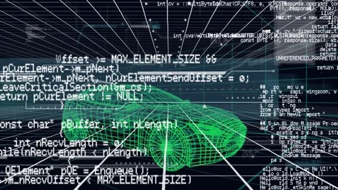 Animation of data processing over 3d car model spinning over grid network Stock Footage 329417828