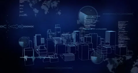 Animation of data processing over 3d cityscape Stock Footage 329914721