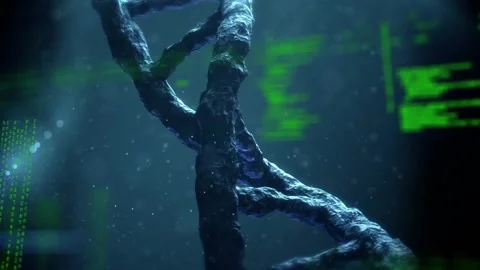 Animation of data processing over 3d dna strand spinning Stock Footage 330104841