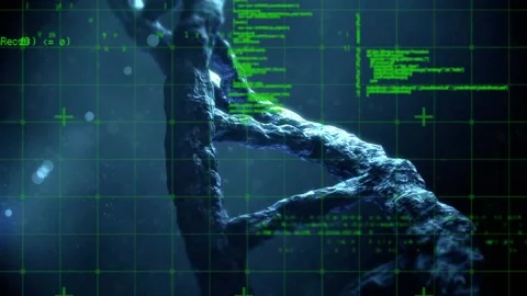 Animation of data processing over 3d dna strand spinning Stock Footage 330247602