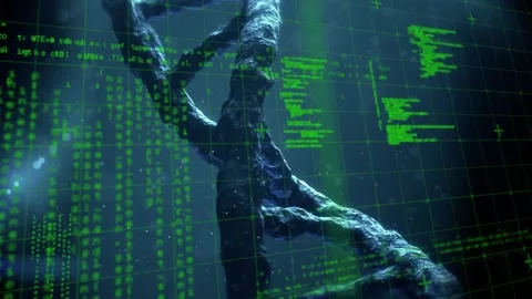 Animation of data processing over 3d dna strand spinning Stock Footage 330336423
