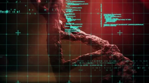 Animation of data processing over 3d dna strand spinning Stock Footage 330336424