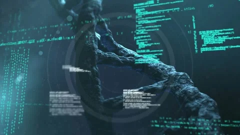 Animation of data processing over 3d dna strand spinning Stock Footage 330474692