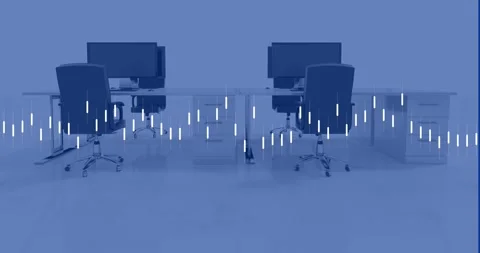 Animation of data processing over 3d office desks model against blue background Stock Footage 330583950