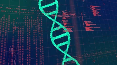 Animation of data processing over 3d dna strand spinning Video stock 330731595