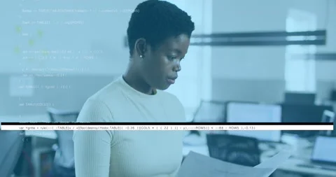 Animation of data processing over african american businesswoman with documents Stock Footage 201409738