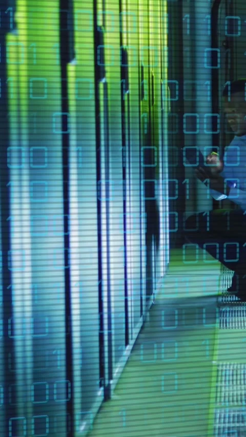 Animation of data processing over african american male worker in server room Stockbeeldmateriaal 319262479