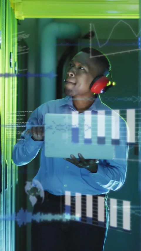 Animation of data processing over african american male it engineer and computer Stock Footage 323899839