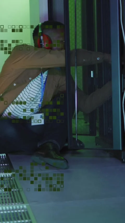 Animation of data processing over african american male it engineer and computer Stock Footage 323899861