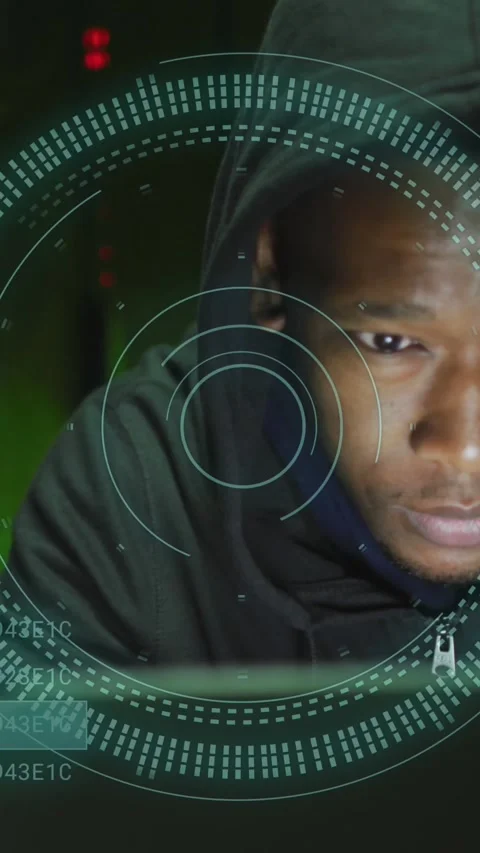 Animation of data processing over african american male hacker in server room Stock Footage 323900407