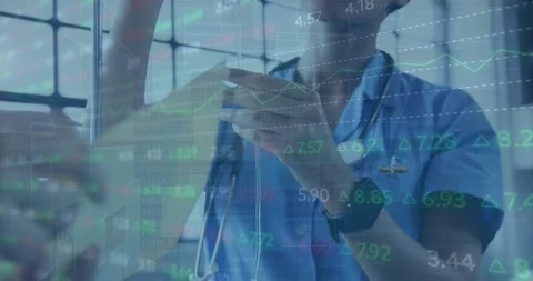 Animation of data processing over african american female health worker check iv Stock Footage 326037004