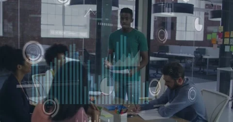 Animation of data processing over african american man reading a document to his Stock Footage 327064606