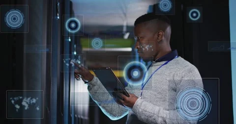 Animation of data processing over african american male it engineer and computer Stock Footage 328090519