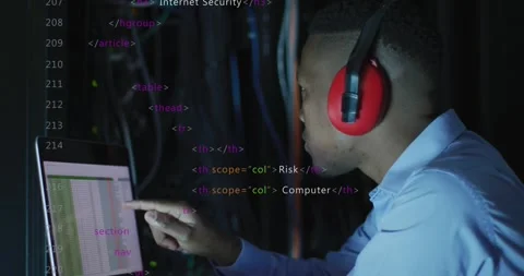 Animation of data processing over african american male it engineer and computer Stock Footage 328090522