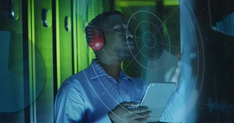 Animation of data processing over african american male it engineer and computer Stock Footage 328232732